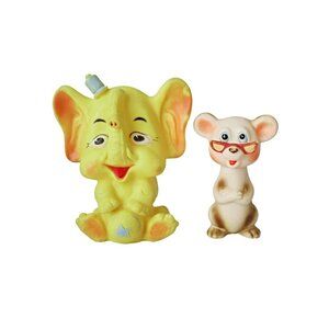 2 Vintage Rubber Squeak Toys Tilly Elephant Mouse 1950's Kitsch